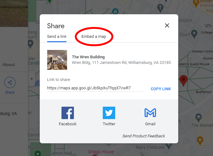 A web browser screenshot shows the 'Shared' window by Google Maps and 'Embed a Map' circled in red. 