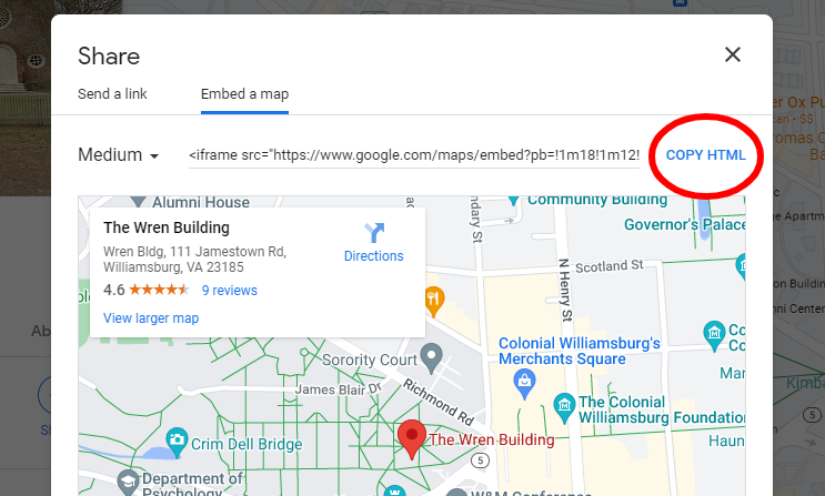 A web browser screenshot shows the 'Embed a Map' window with 'Copy HTML' circled in red.