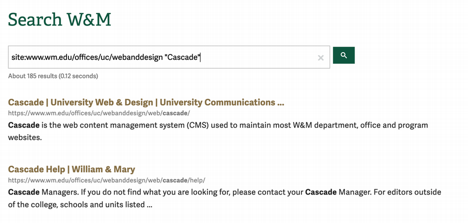 A screenshot of William &amp; Mary search showing a site-specific query.