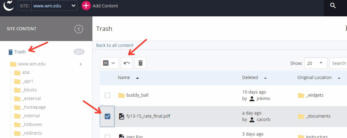 Screenshot illustrating the location of the Site chooser, Trash link, checkbox for items to resotore and the Restore icon.