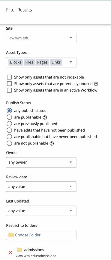 Screenshot of Filters within Cascade Content Inventory Report