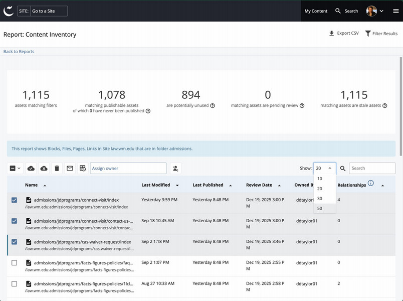 Screenshot of the Cascade Content Inventory Report using the filters in the previous image.
