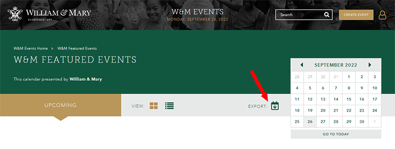 Events page with header “W&M Featured Events,” a calendar on the right, and an export icon indicated by a red arrow.