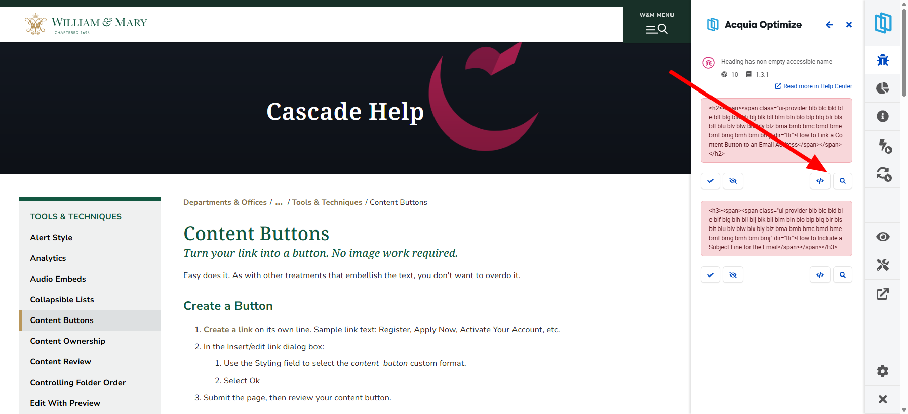 Screenshot 2: Select the HTML (< / >) or Highlight (mag glass) icons to locate the failed issue on the page.