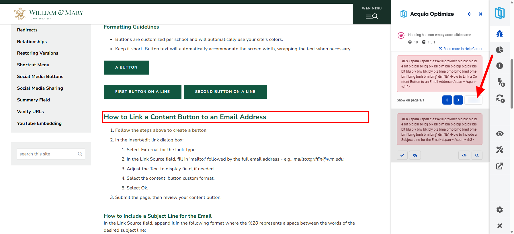 Screenshot 3: Select the Highlight (mag glass) icon to highlight the issue on the page.