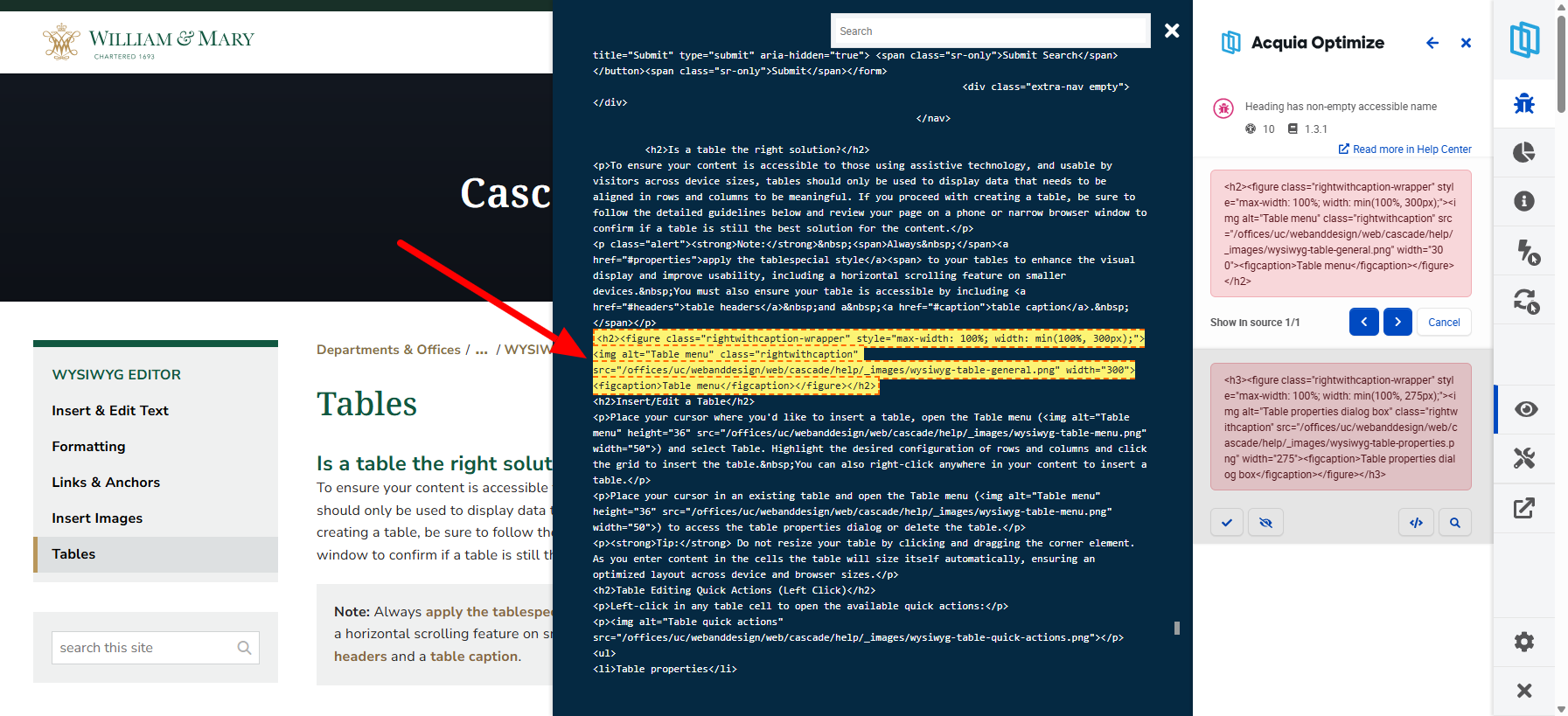 Screenshot 4: Select the HTML (< / >) icon to highlight the failed issue in the source code of the page.