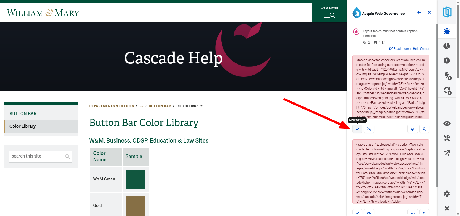 Screenshot 5: Select "Mark as Fixed" in the browser extension. Some checks also offer this button in the accessibility module under Page Details.