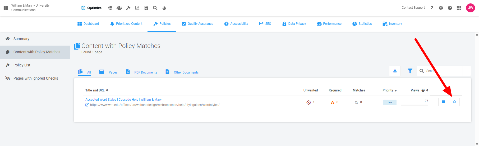 Screenshot 1: Select the magnifying glass icon for each page or document with a match.