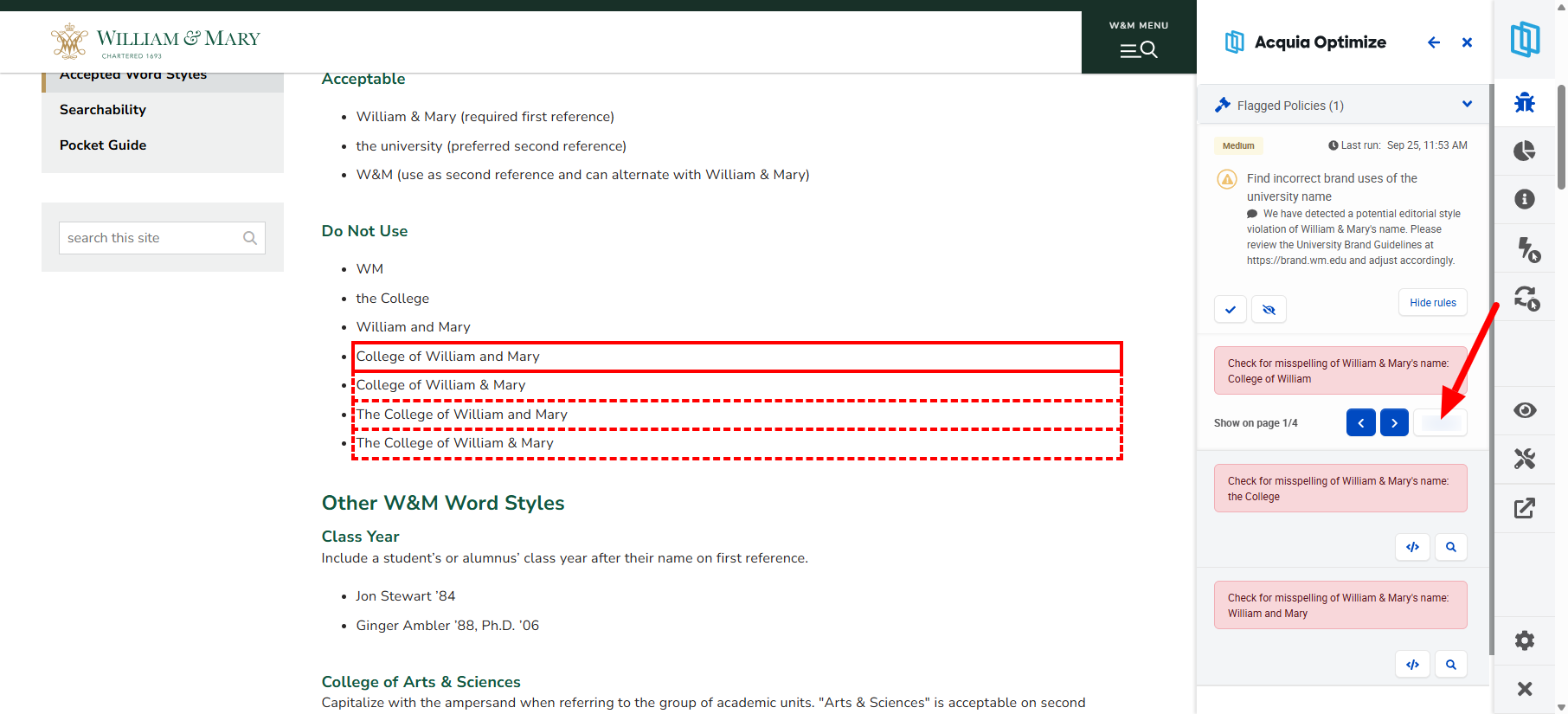 Screenshot 3: Select the magnifying glass button to highlight the flagged words on the page for that rule.