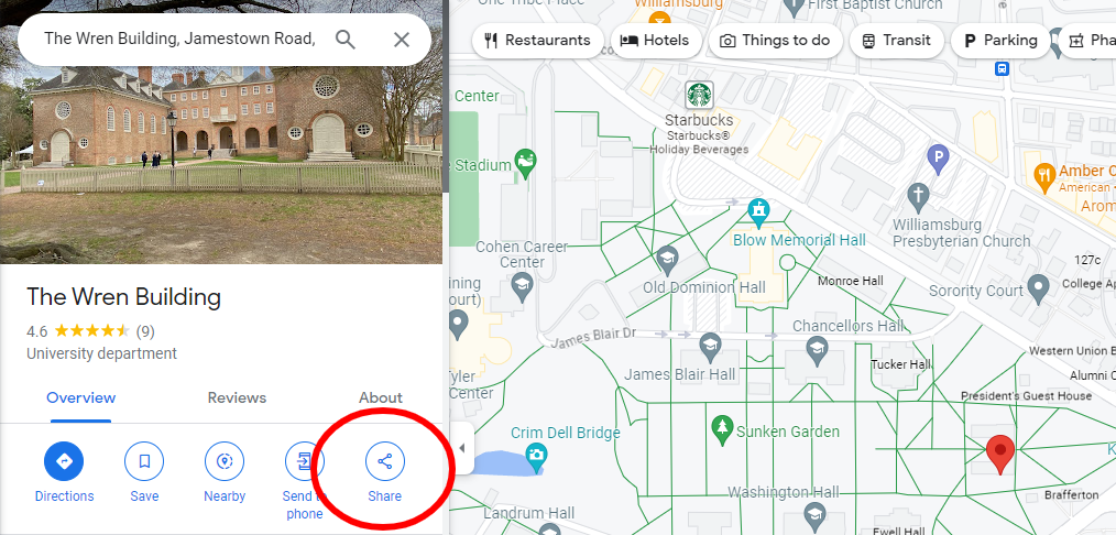 A web browser screenshot shows Google Maps' main page with the 'shared' button circled in red.