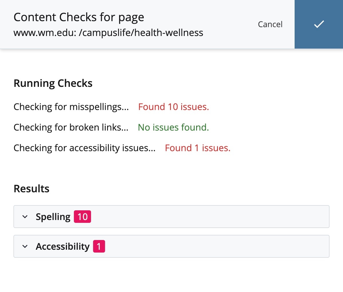 An example of Cascade's content check panel.