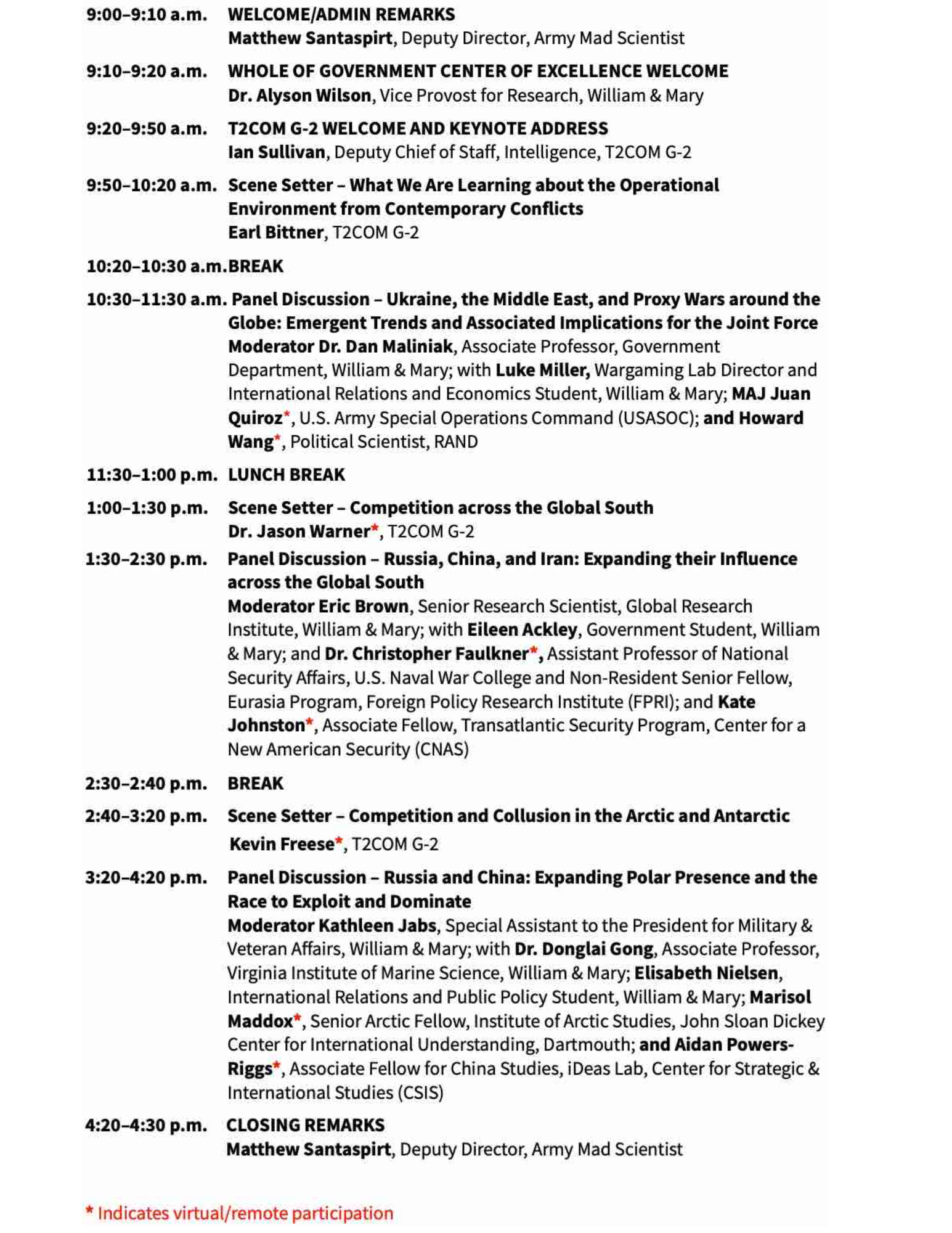 Agenda for Mad Scientist Event