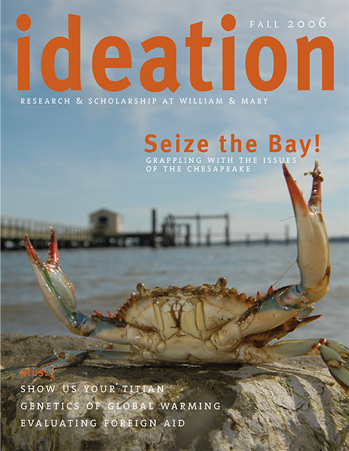 Cover of Ideation Magazine for Fall 2006 Issue. Cover story headline is Seize the Bay! with a closeup of a crab on a rock with its two front claws up in the air. 