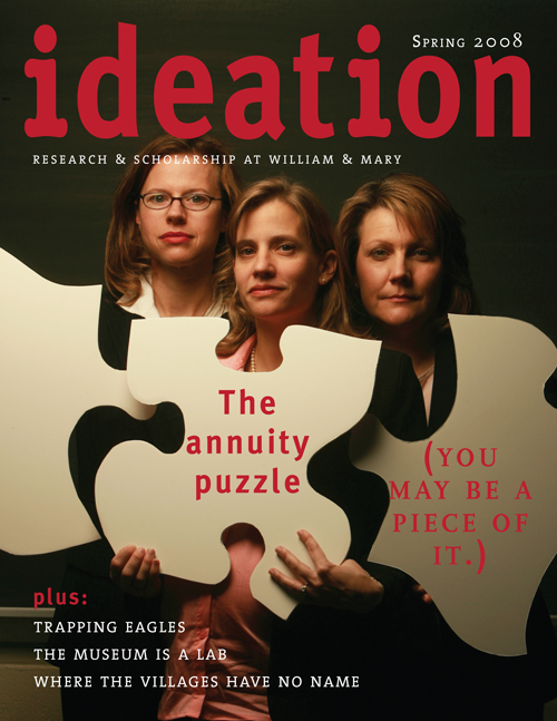 Cover of Ideation Magazine for Spring 2008 issue. Cover feature headline: The annuity puzzle (You may be a piece of it.) Three women in suits pictured holding large puzzle pieces.