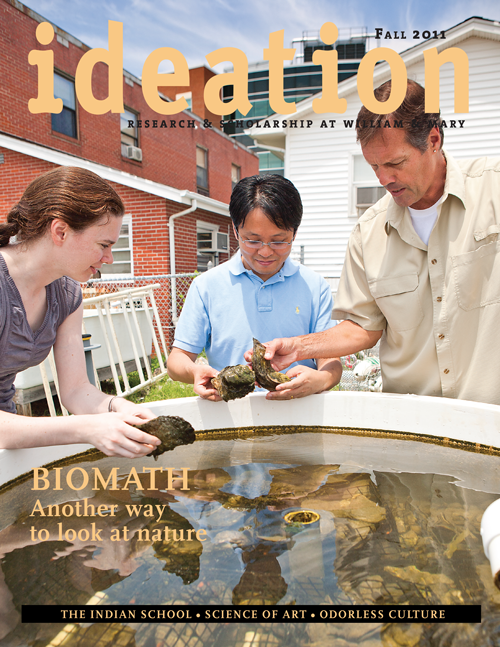 Cover of Ideation Magazine for fall 2011 issue. Cover feature headline: Biomath: Another way to look at nature. Rom Lipcius, Leah Shaw and Junping Shi standing around a pool of oyster shells.