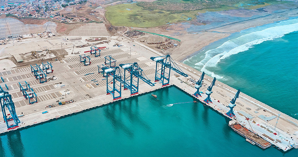 Aerial view of Chancay seaport in Peru, while still under construction.