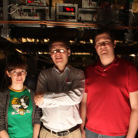 	In a basement lab at Small Hall a group that includes (from left) Megan Ivory, Seth Aubin and Austin Ziltz