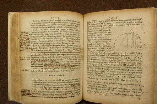 William & Mary’s Principia shows heavy annotation, including marginal comments in Latin and even an entire page crossed out with an X.