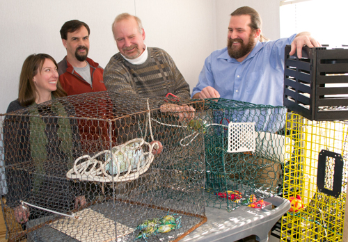 Traps from all over: VIMS researchers (from left) Donna Bilkovic, David Stanhope, Kory Angstadt and Kirk Havens