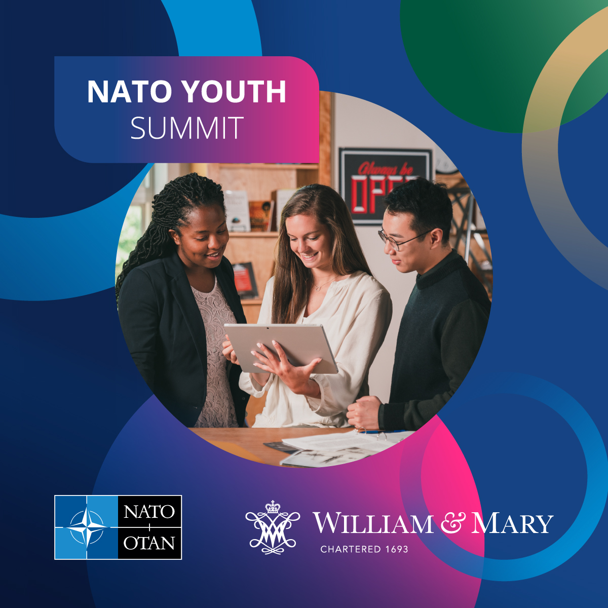 NATO Youth Summit - Three young people engaged in conversation - NATO/OTAN and William &amp; Mary