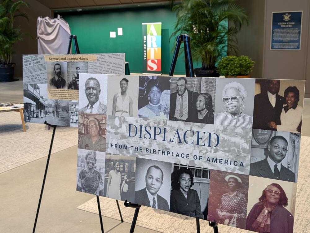 Posters on easels on display showing black and white news clippings and photos of Black Americans with the title "Displaced From the Birthplace of America"