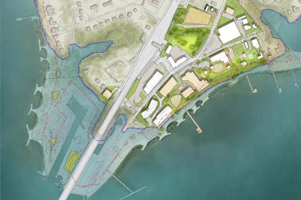 Projected map of the Gloucester Point campus in 2100 showing topographic changes after sea level rise impacts.
