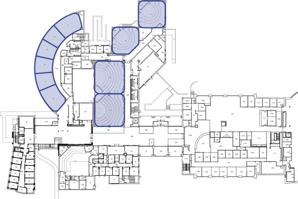 Conceptual plan of improvements to a School of Law classroom showing specific rooms targeted for renovations.