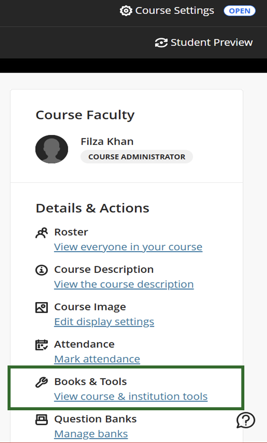 Figure 1. Books and Tools in Blackboard