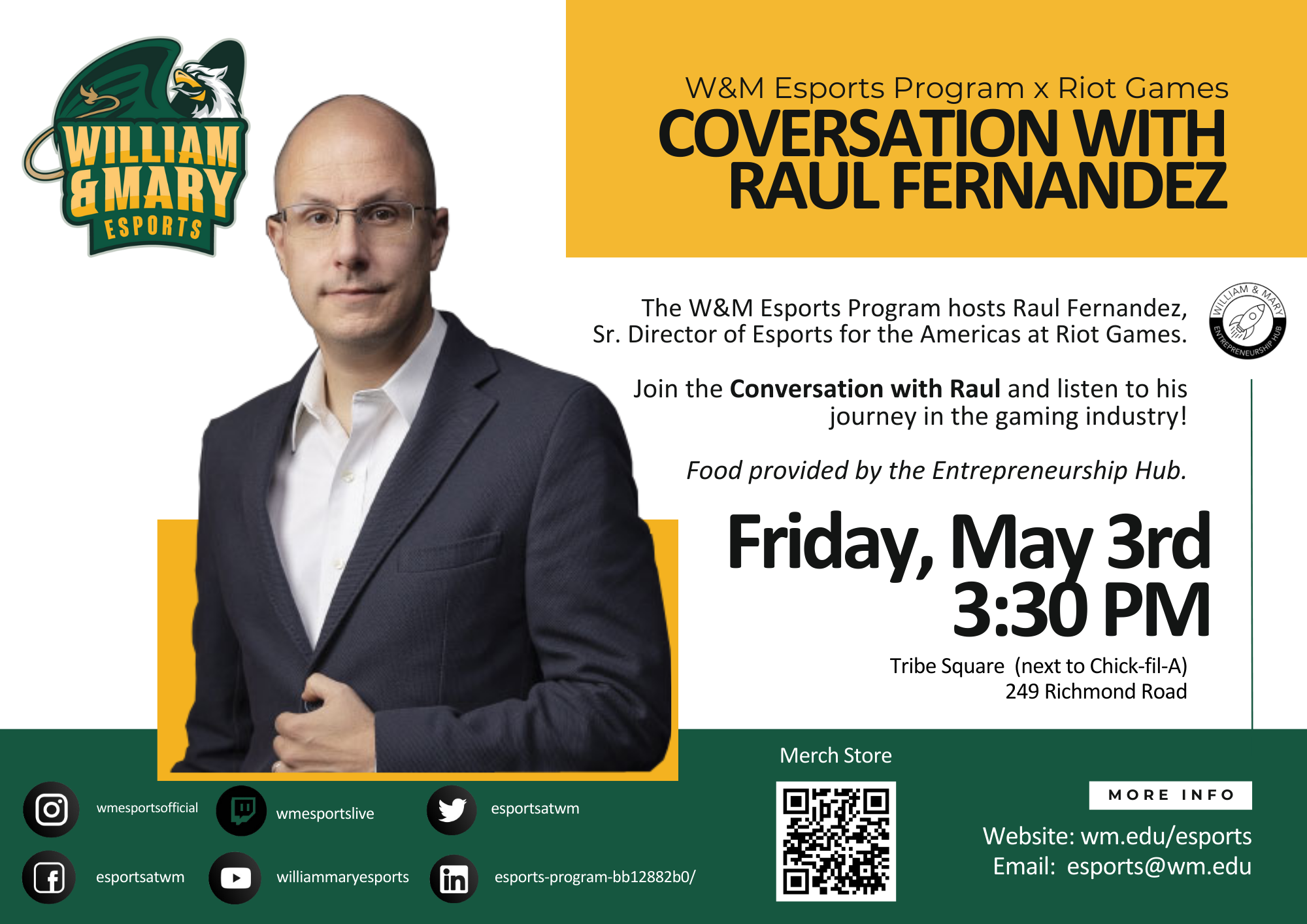 Advertising image for the William & Mary Esports event "Conversation with Raul Fernandez"