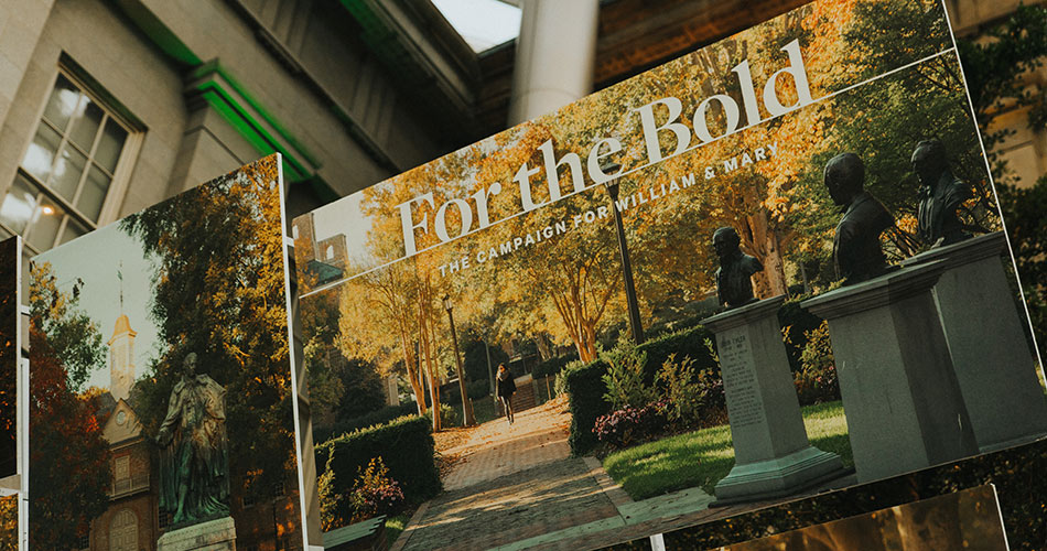 For the Bold: the Campaign for William & Mary and photos of campus on poster displays at a Washington D.C. campaign celebration event