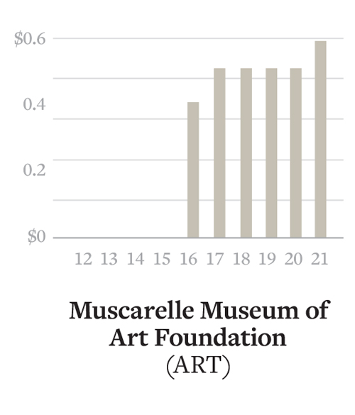 Muscarelle Museum Foundation (ART) begins in 2016 with approx. $0.45 million and has approx $0.51 million for 2017-2020 and jumps to approx. $0.6 million for 2021.