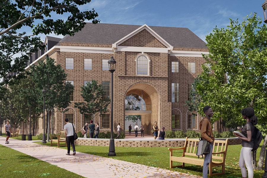 A rendering of the front of Jamestown East, a new brick building to complete the Lemon-Hardy Triangle off of Jamestown Road. (Courtesy VMDO Architects)