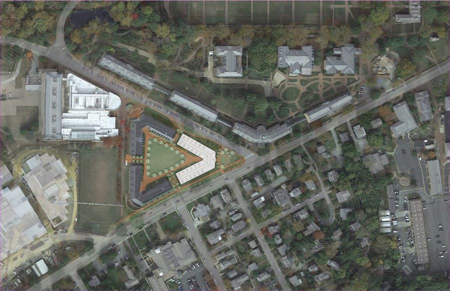An aerial depicting the placement of Jamestown East, to complete the Lemon-Hardy Triangle. (Courtesy of VMDO Architects)