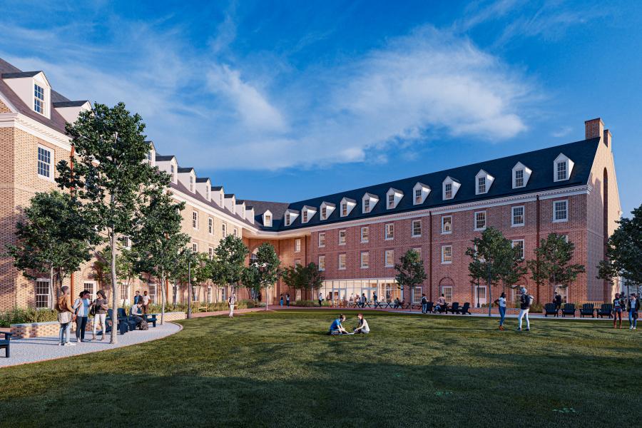 Rendering of the new triangular courtyard that will be the unifying landscape space for Jamestown East, with Lemon and Hardy Halls. (Courtesy of VMDO Architects)