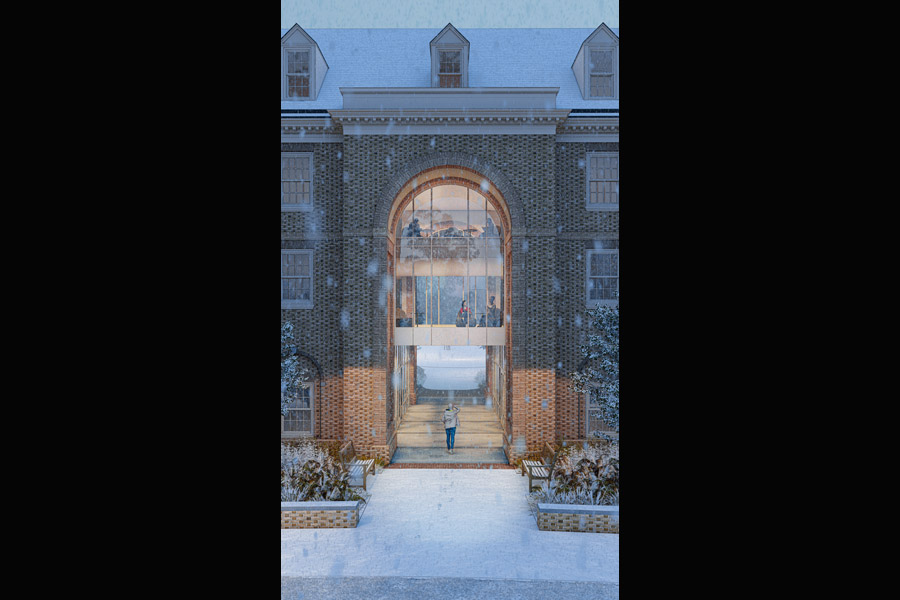 A rendering of the Jamestown East entryway on a snowy day. (Courtesy of VMDO Architects)