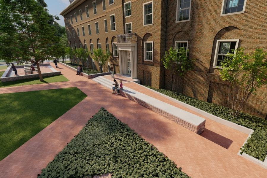 Renovations at Old Dominion Hall include new common spaces and refreshed interiors, as well as sustainability features and HVAC improvements. (Courtesy of VMDO Architects)