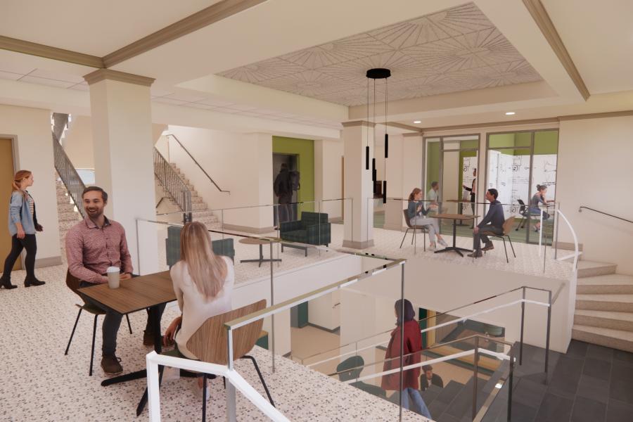 The Old Dominion renovation refreshes interior finishes and adds additional common spaces for students. (Courtesy of VMDO Architects)