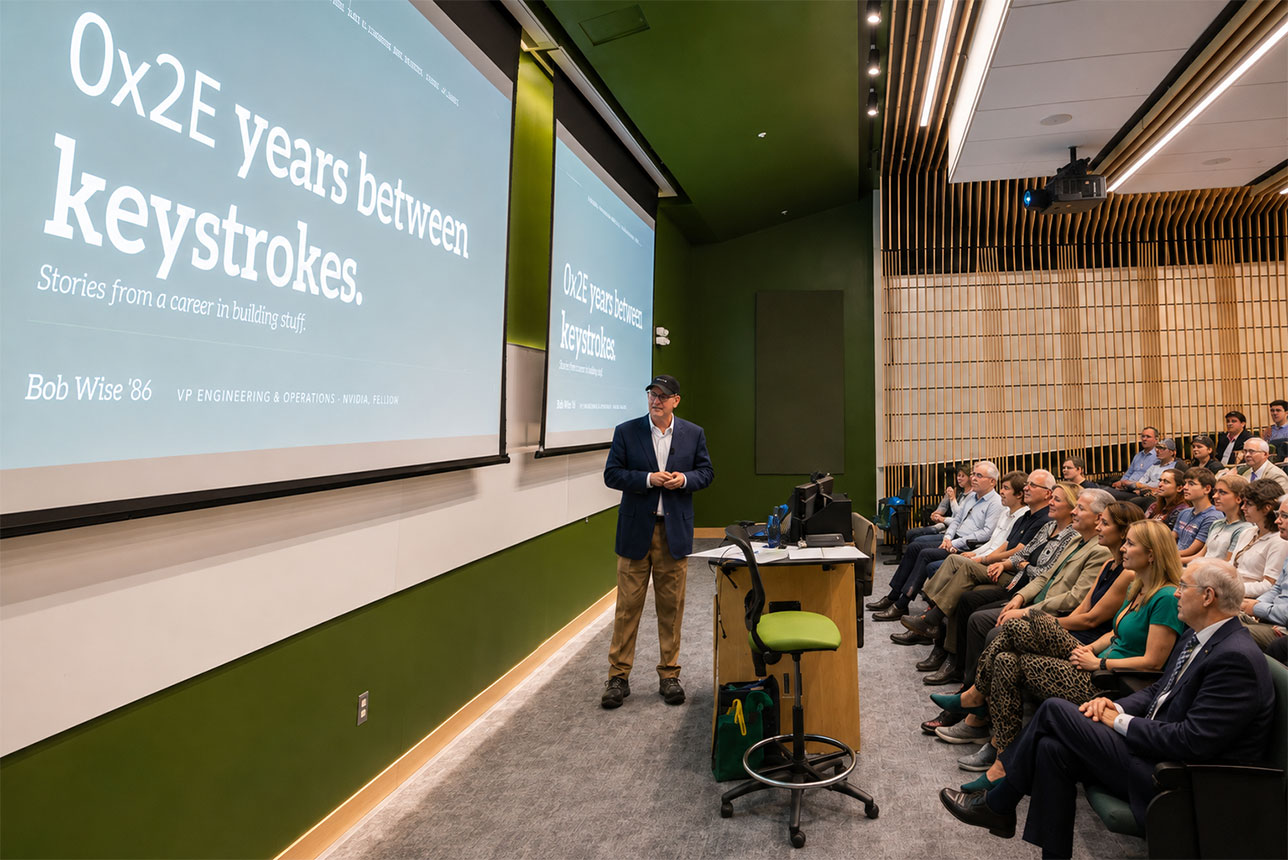 Bob Wise ’86, vice president of engineering and operations at NVIDIA, speaks to an audience at William & Mary.