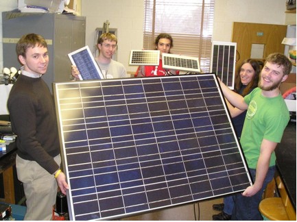 Photovoltaic cells that SCORS is testing. From the left: Douglas Dean '09, Scott Watson '09, Jeffrey Brown '09, Charlotte Reeves '10, and Patrick Steele '11.