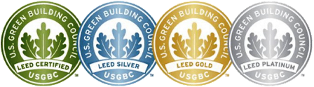 LEED Certification badges in order of Certified, Silver, Gold, and Platinum