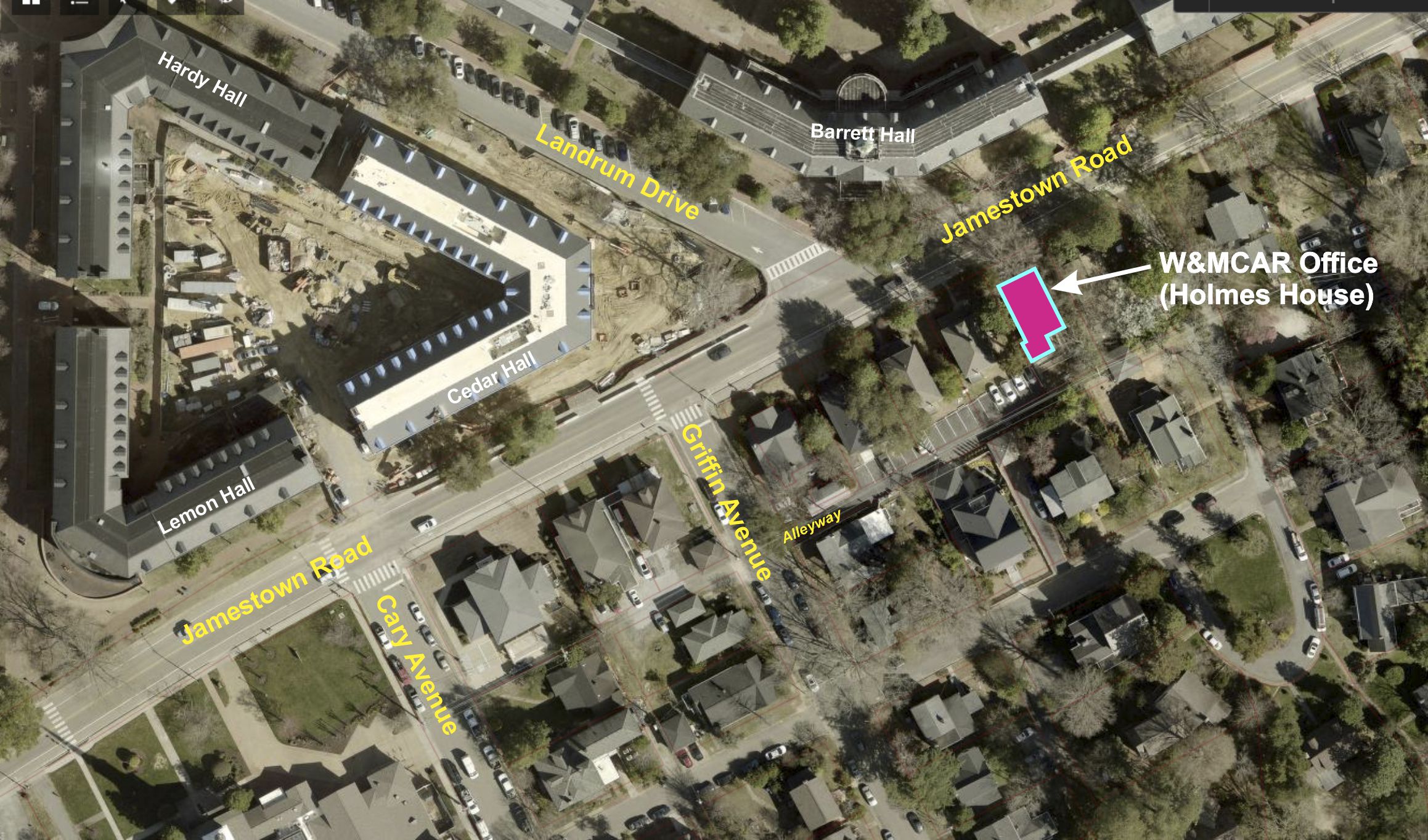 Aerial view of several blocks of Jamestown Road at its junction with Landrum Drive. Streets and a few W&M Buildings are labeled. The Holmes House is brightly highlighted and labeled.
