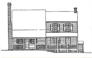 This is how the front of the house looked in the mid-19th century. The Reverend Chiles, the owner, expanded the house with a two-story addition (on the right half of the drawing). Porches also were added. Only the double chimney and brick foundation remain today.