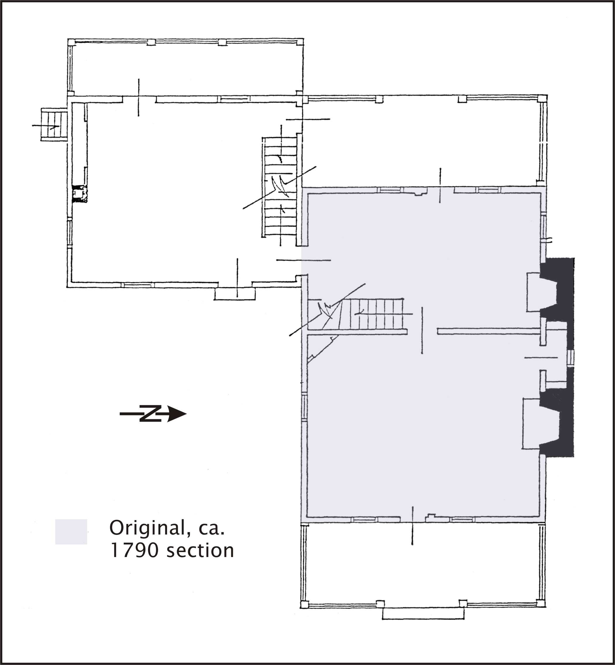 Floor plan showing original ca. 1790 portion and additions made ca. 1855 (Rivoire 1974a:Figure 8).
