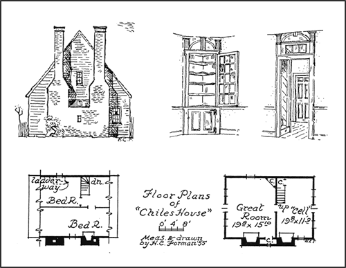 A composite of sketches made by H. C. Forman while much of the house was still standing in 1955.  From top left: north elevation, interior cabinet detail, doorway detail, and two floorplan layouts.