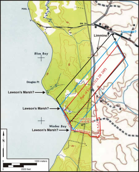 The approximate location of Limmine was discovered on an accurately drawn 19th-century plat. By aligning the patent boundary with a more recent topographic map, researchers were able to conjecture locations of several old placenames like Lawson's Marsh and Linn Branch. These maps confirmed the location of the Chiles Homesite within these ancient tracts.