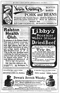 At the beginning of the twentieth century magazine advertising had become quite sophisticated with attention paid to eye-catching images, layout, and slogans. Advertisements from the March 1900 edition of Munsey's magazine [in Ohmann 1998:179]