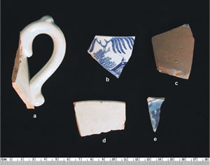 Ceramic fragments from the earlier period at 44PY181. Items a, b, and d are all forms of whiteware, a type of ceramic that began production in the mid-19th century. Item c is a piece of brown stoneware with a broad date range. The small pearlware sherd (e) dates to the early 19th century, perhaps an heirloom piece.