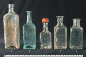 Various small bottles for fruit extracts or tonics (a, b, c), an unidentified medicine, and possibly a bryl cream called 'French Gloss.'