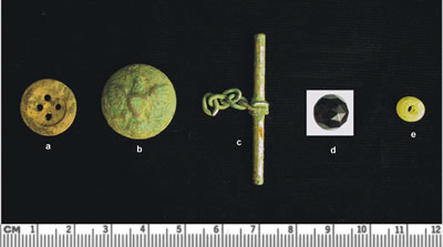 Illustrated from the left: a bone button, a General Services button (used by the military 1854—1902), a watch or vest chain, a faceted glass bead, and a plain glass bead.