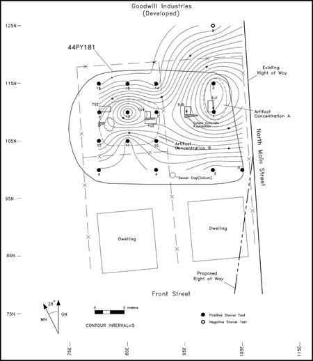 Artifact totals from evaluation shovel tests were entered into mapping software to generate this artifact distribution map of the site. Just as a topographic map represents steepness of slope, contour lines here indicate two clusters of artifacts labeled Concentrations A and B. Artifact distribution and other information from shovel tests guided the placement of larger rectangular excavations called test units (labeled 'TU').